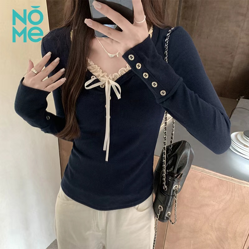 韩系蕾丝花边排扣V领T恤女打底衫