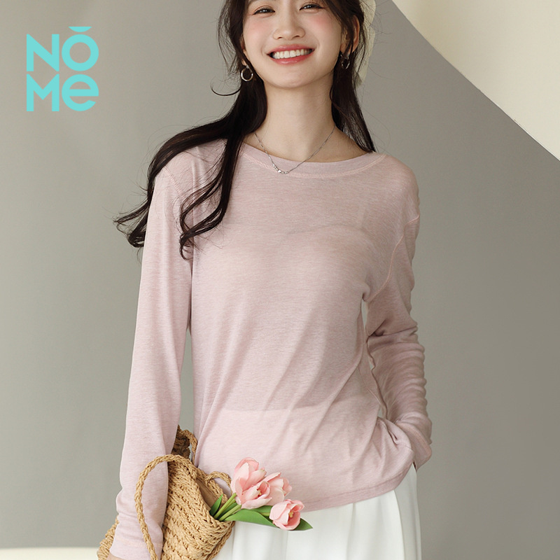 NOME（服饰）醋酸+天丝莱赛尔女春夏内搭圆领罩衫长袖T恤微透外