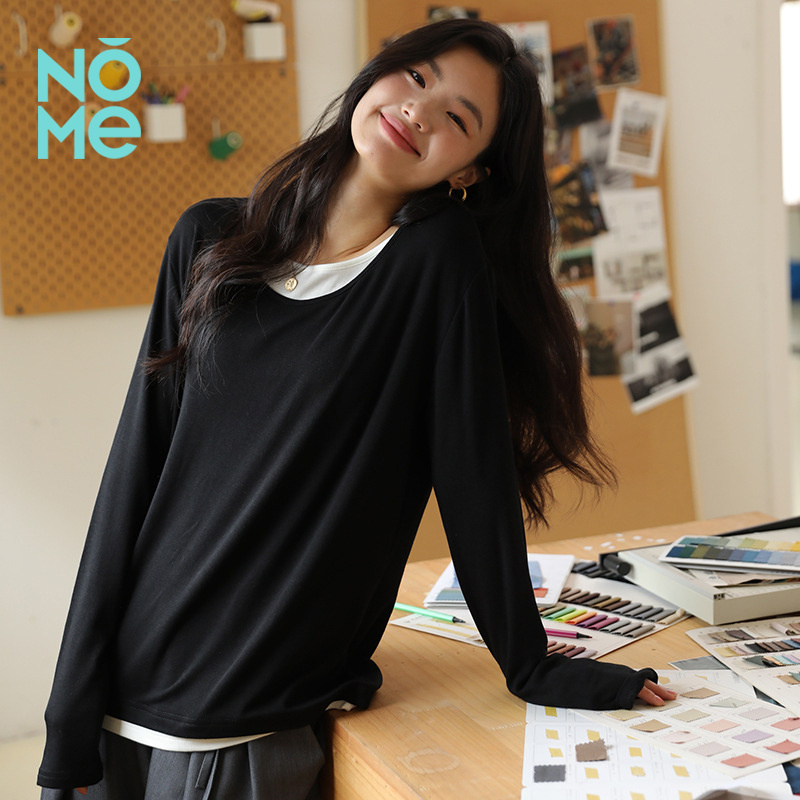 NOME（服饰）假两件打底衫女休闲衣外穿针织衫秋冬季宽松显瘦V领
