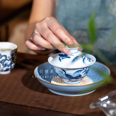 清本源芦雁薄胎青花内膜印盖碗