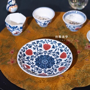 小雅瓷器家丨阳春白雪青花釉里红缠枝莲壶承 茶盘 餐盘中式茶具