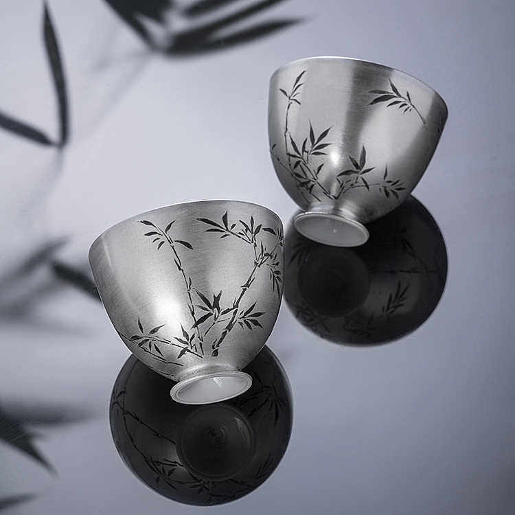 小雅瓷器家 合吾堂景德镇手绘釉上彩中式手绘银釉墨竹杯 中式茶具