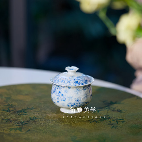 青樵轩手绘青花瓷堆白樱花茶具