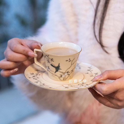 合吾萱草莺飞咖啡杯上新粉彩手绘