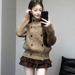 韩系复古套装 高腰显瘦豹纹半身裙两件套 女秋冬设计感高领针织开衫