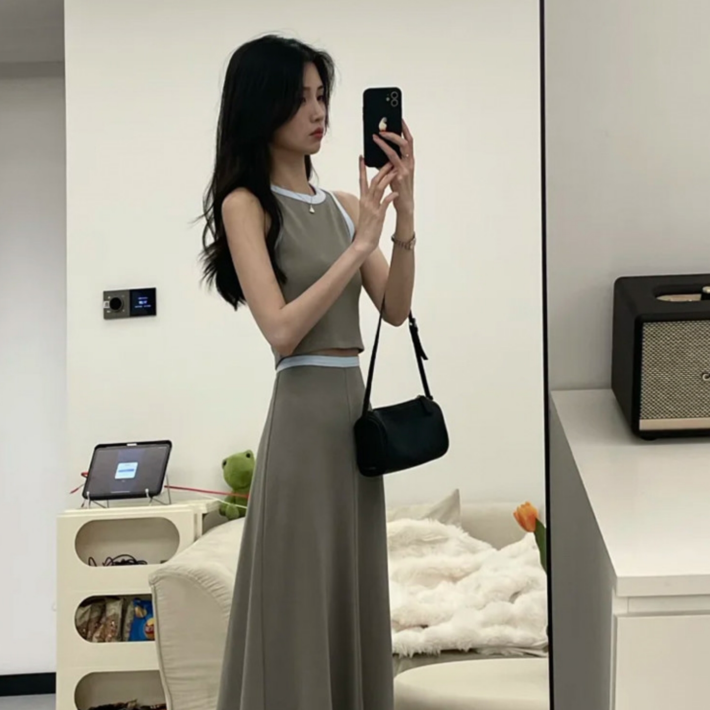 韩版假两件马甲上衣高腰显瘦半裙