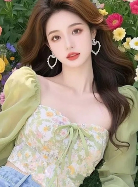 温柔风甜美超好看长袖短款碎花衬衫女春季独特漂亮百搭绿色上衣潮