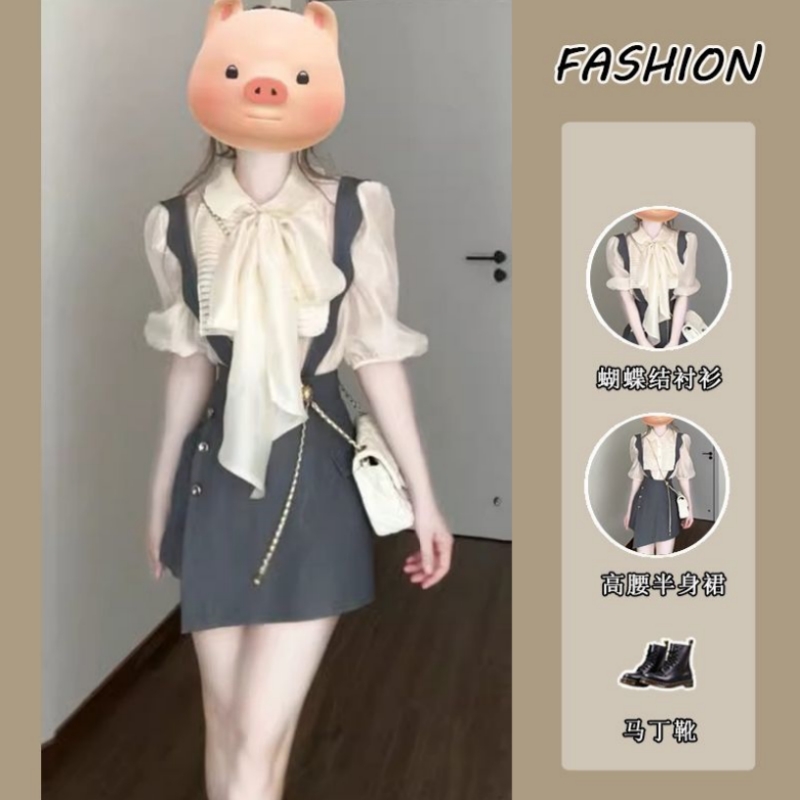 夏季甜美短袖衬衫收腰背带连衣裙