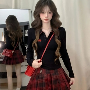 针织上衣高腰显瘦格纹半身裙两件套 长袖 韩系甜辣妹套装 女2025秋季