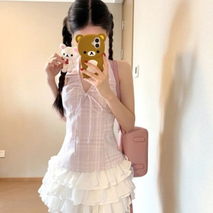 多巴胺甜美套装 挂脖上衣高腰显瘦半身裙两件套 女2025夏季 粉色无袖