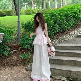 纯欲风甜美套装 女韩系辣妹粉色蝴蝶结绑带无袖 上衣高腰休闲阔腿裤