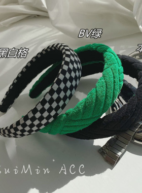 棋盘格高颅顶发箍韩国高级感 绿色格纹海绵头箍网红宽边洗脸发窟