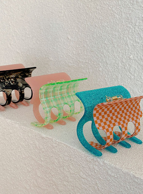 韩国粉绿网格纹大号抓夹炫彩方形小众发抓不对称抓夹橙色发夹发饰