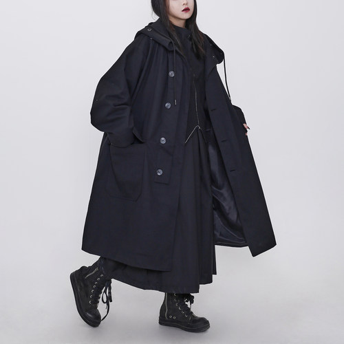 隐觅羽绒连帽中长款暗黑系风衣