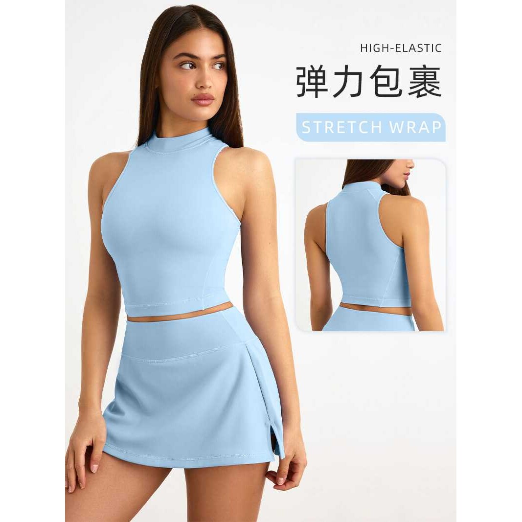 欧美有缝瑜伽服夏季运动健身速干无袖背心短裙a字裙瑜伽套装