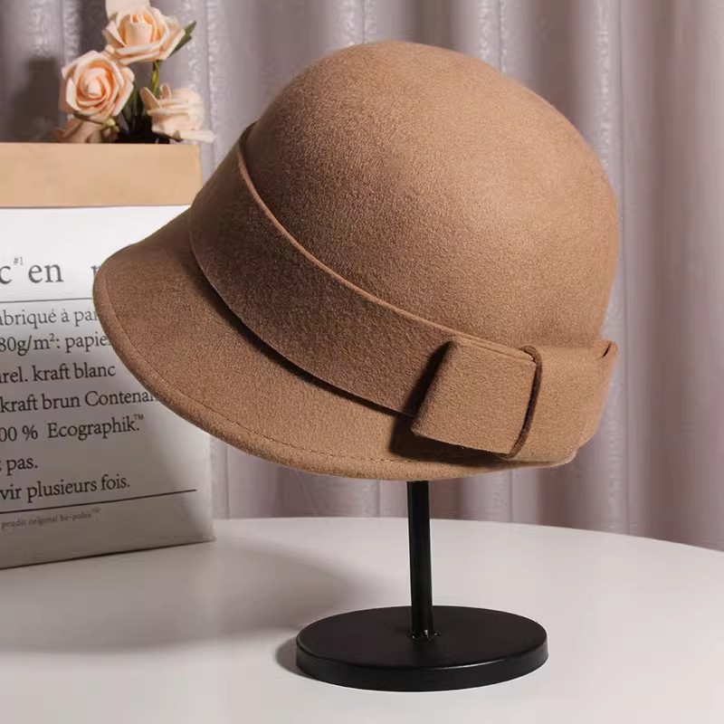 帽子女秋冬韩版蝴蝶结羊毛呢盆帽英伦复古优雅渔夫帽保暖名媛礼帽
