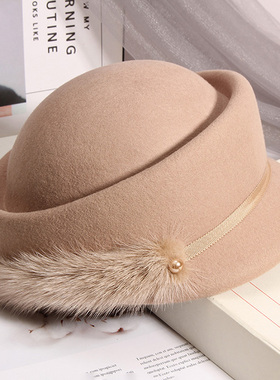 帽子女秋冬英伦羊毛呢贝雷帽复古百搭真貂绒珍珠装饰鸭舌小礼帽潮