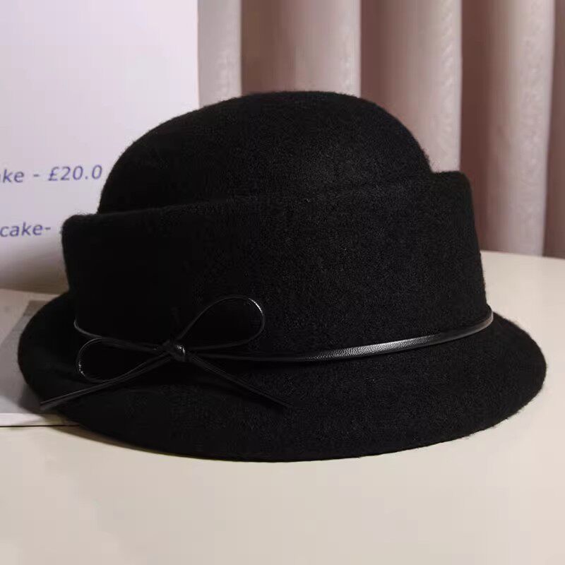 日系蝴蝶结卷边羊毛礼帽女秋冬季新款保暖毛呢盆帽优雅气质渔夫帽