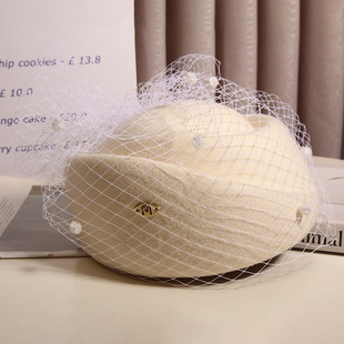 英伦复古网纱羊毛贝雷帽女秋冬法式小礼帽小香风名媛轻奢面纱头饰