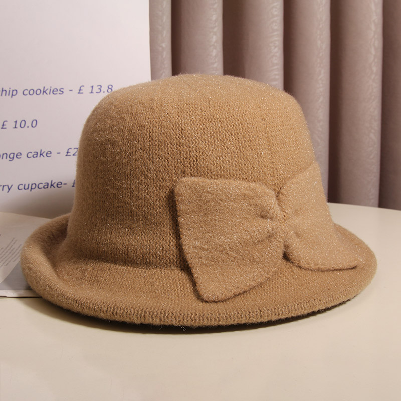 韩版时尚百搭蝴蝶结渔夫帽女秋冬洋气保暖毛线盆帽卷边针织小礼帽