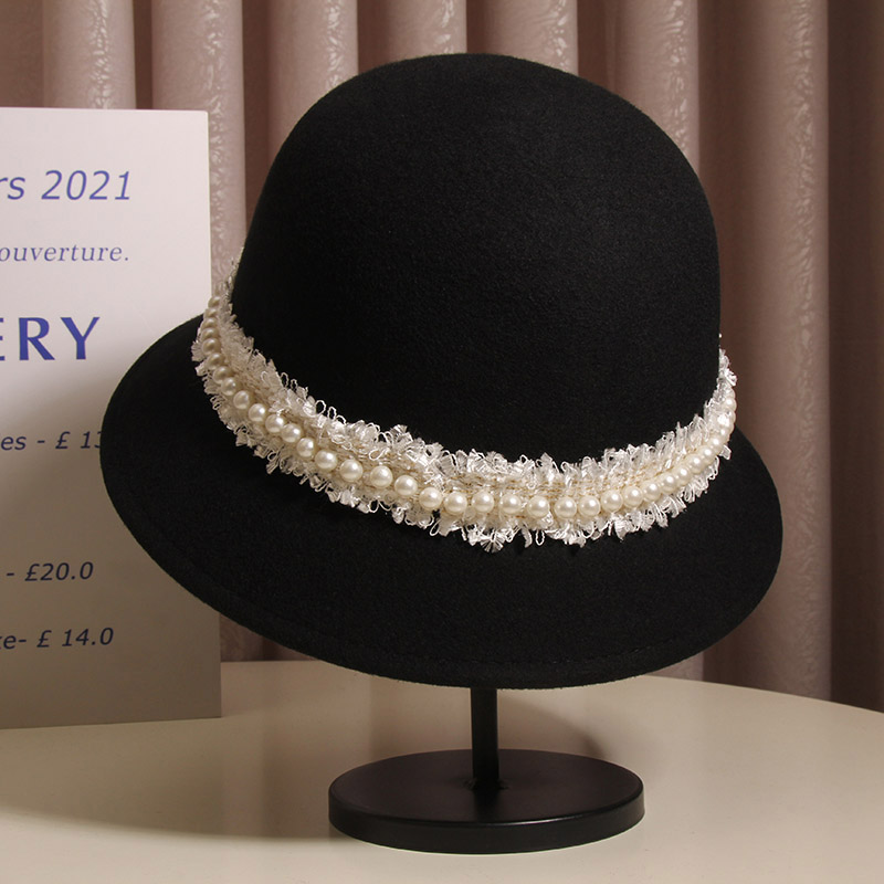 法式赫本优雅珍珠羊毛呢渔夫帽女