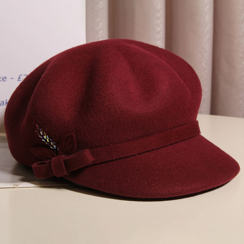 法式优雅蝴蝶结羊毛呢贝雷帽子女秋冬英伦时尚鸭舌八角帽百搭礼帽