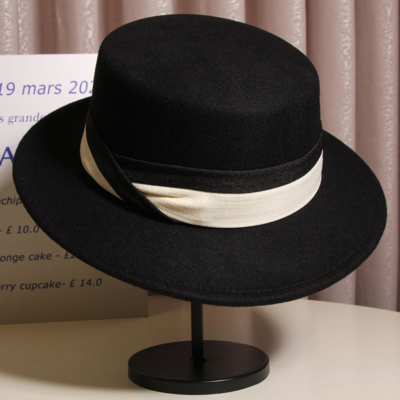 法式拼色织带羊毛呢平顶礼帽女秋冬时尚复古休闲百搭平檐赫本帽子