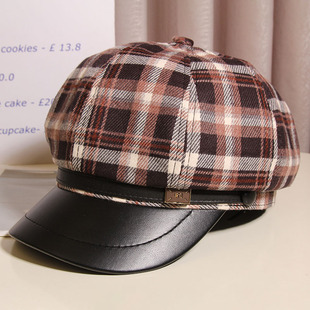 复古百搭皮檐拼接格纹八角帽女春秋英伦风鸭舌报童帽显脸小画家帽