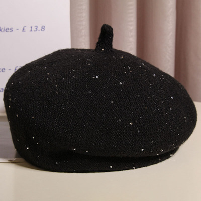韩系时尚亮片针织贝雷帽女春秋2025新款显脸小法式复古百搭画家帽