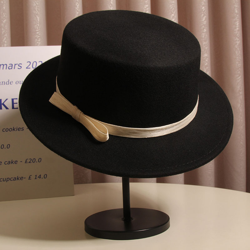 法式轻奢蝴蝶结羊毛呢平顶礼帽女