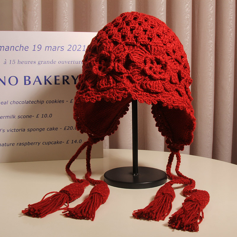 帽子女秋冬花朵流苏毛线帽包头帽