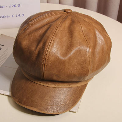 英伦风八角帽女PU皮质报童帽男