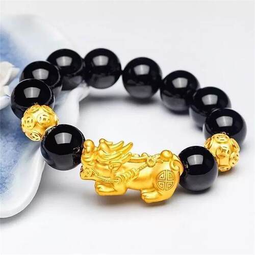 【抢今日】金色貔貅手链男女镀金色黑珠石手串招财转运貔貅手链