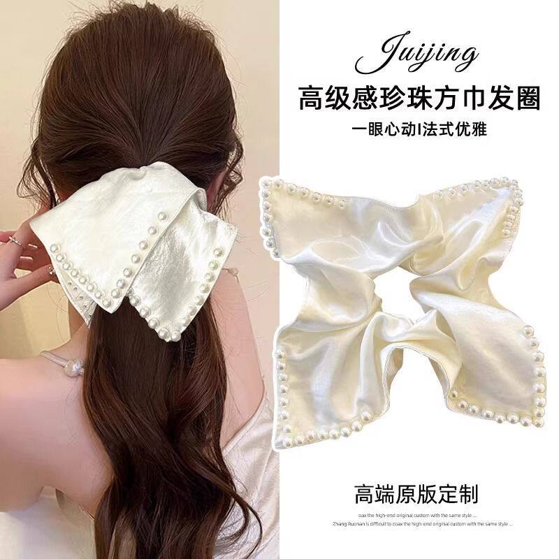 方巾式发圈轻奢缎面白色