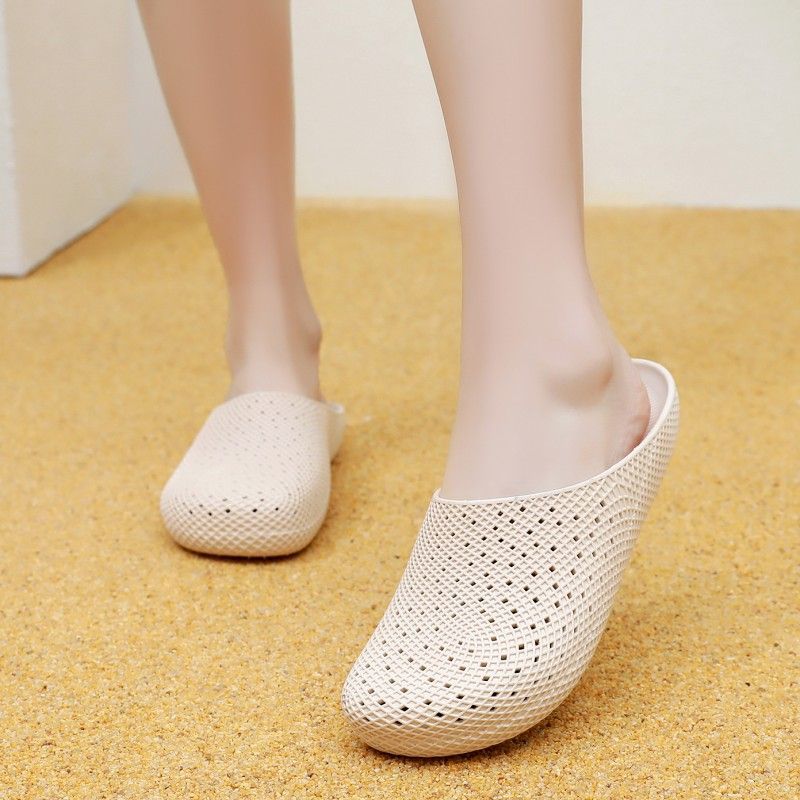 女士室外拖鞋米色网眼夏
