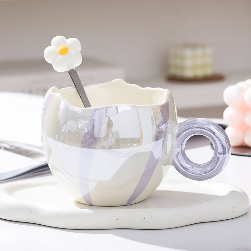 早餐杯高颜值耐高温高颜值花朵杯子ins风可爱女生陶瓷杯带勺大容