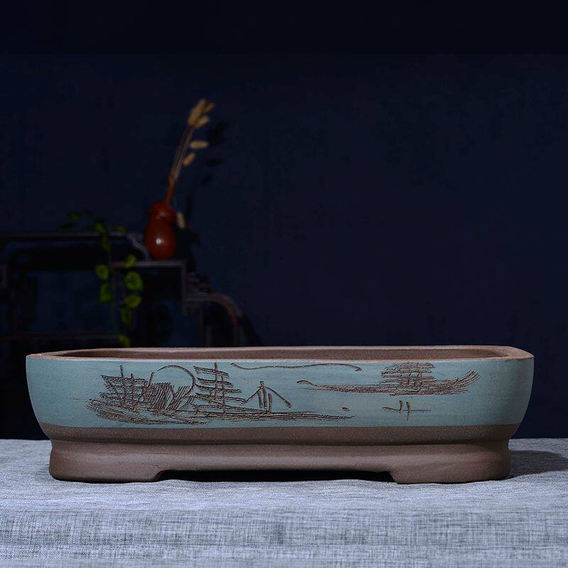 花盆带托盘一体紫砂长方形花盆有孔盆景无孔盆水底假山不漏水陶瓷