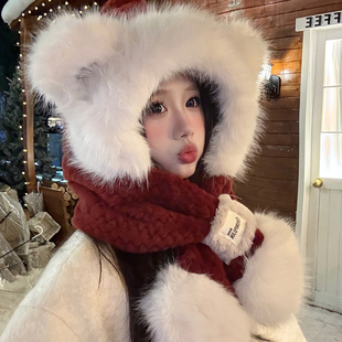 围巾帽子手套一体女连帽冬季帽可爱保暖围脖毛绒冬天三件套厚防寒