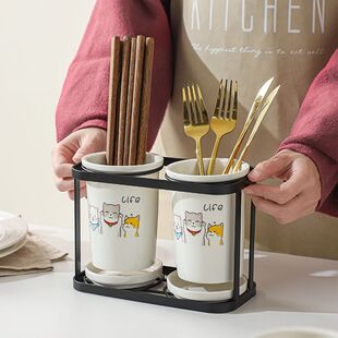 筷笼子家用高档新款创意卡通猫咪陶瓷筷子筒厨房家用沥水架筷子笼