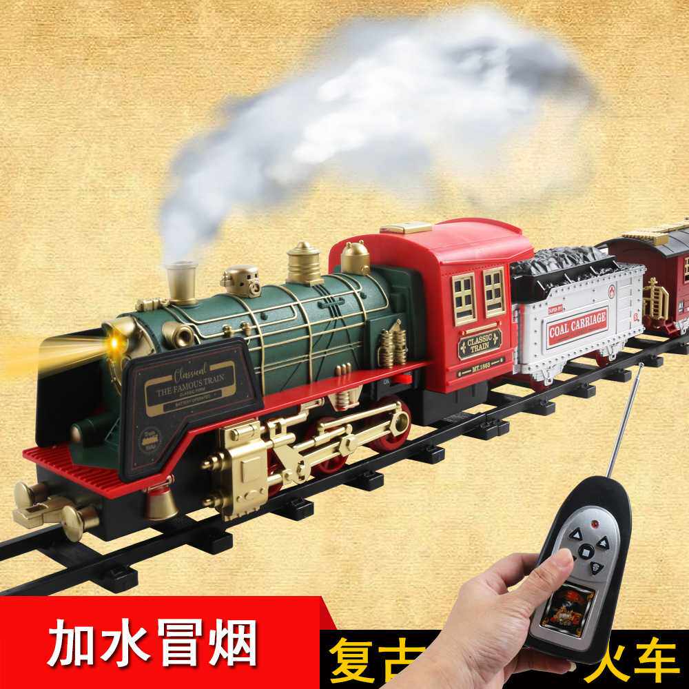 供应遥控轨道车儿童玩具冒烟音乐灯光圣诞节充电小火车玩具车