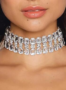 欧美夸张多排水钻颈链轻奢高级感个性满钻锁骨链女颈带简约高级