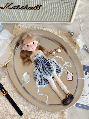 pipichill·一字肩蓝色格纹抹胸裙Blythe/azone/OB22/OB22娃衣