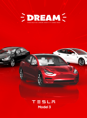壹号站台|TM1:64Dream特斯拉Model3仿真合金汽车模型 收藏 摆件