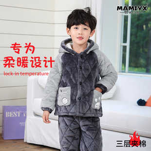 妈咪印象秋冬新款加厚三层夹棉夹袄男童套装居家外穿超厚款家居服
