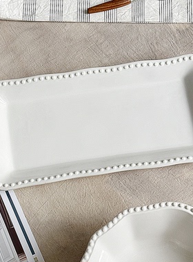 半颗橘子HO 浮雕白色珠边立体超大盘假日聚餐浓汤大碗长条鱼盘