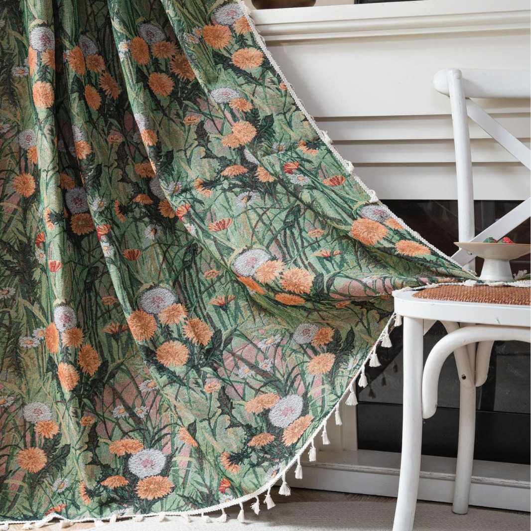 工厂直供法式复古成品窗帘绿色蒲公英提花全遮光隔热窗帘客厅卧室