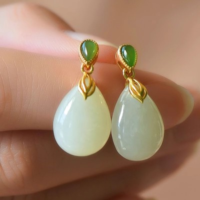 和田玉水滴形耳坠复古时尚耳钉