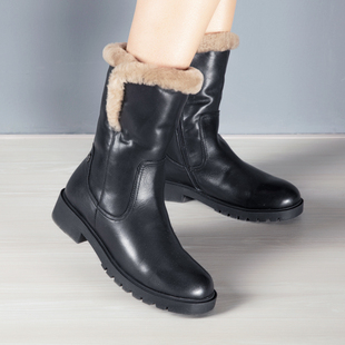 KUFENBERG 顾芳博歌保暖侧拉冬雪地靴真皮毛一体中筒靴加绒厚棉鞋