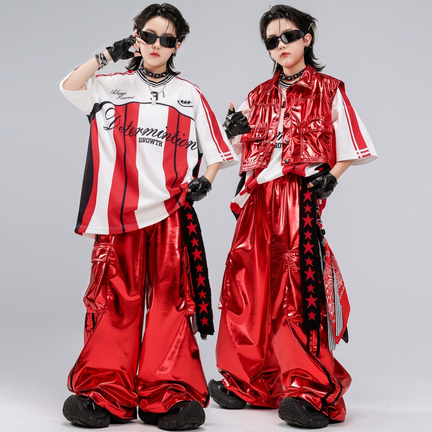 女童街舞服条纹演出服黑白表演服服装潮牌酷帅黑蓝潮装黑红男孩