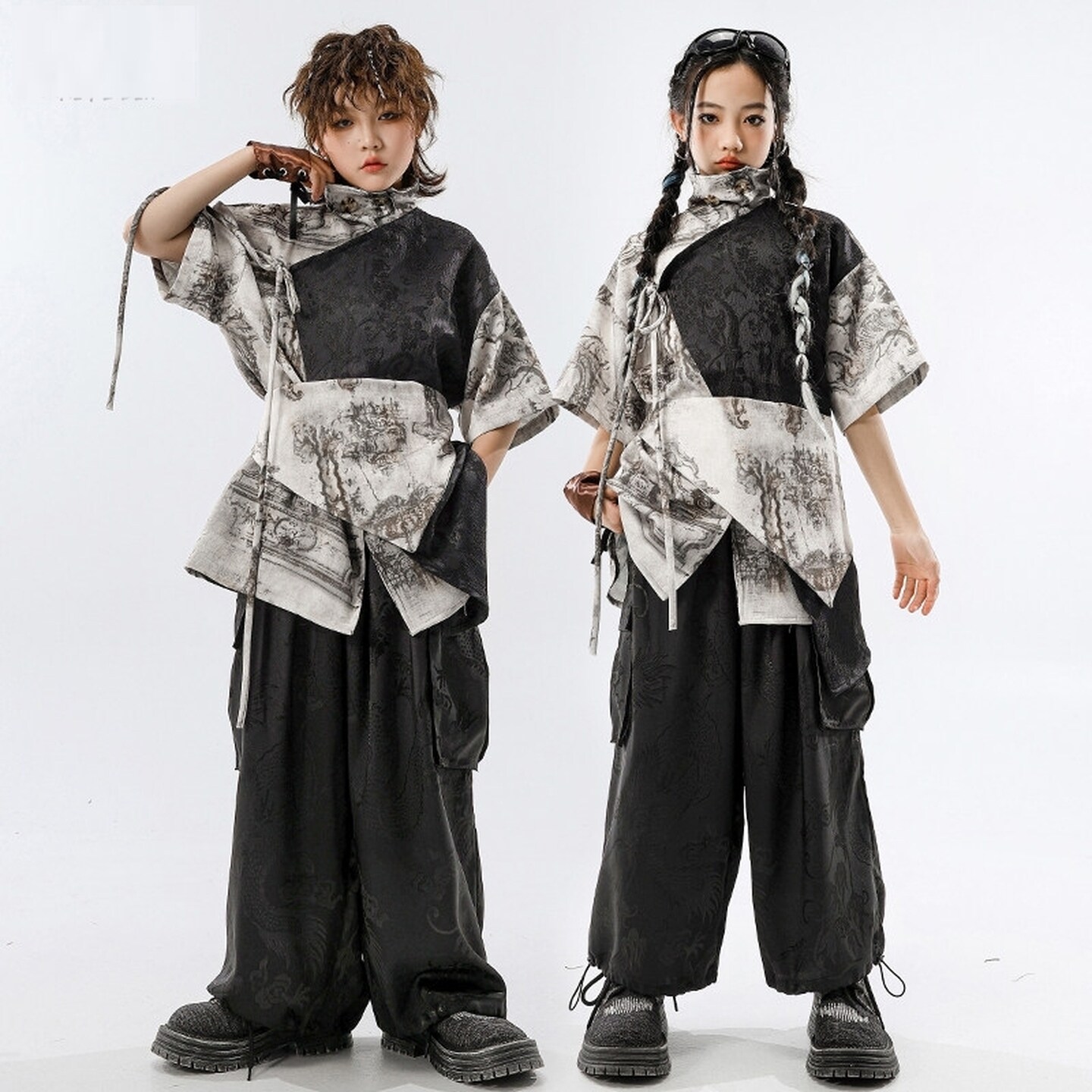 儿童街舞服舞蹈服破洞皮衣黑色男孩潮装短袖潮牌格子衬衫童服网孔